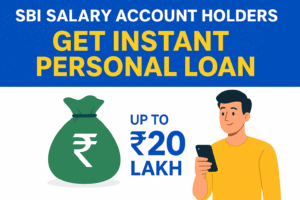 Promotional banner showing “SBI Salary Account Holders: Get Instant Personal Loan up to ₹20 Lakh” with a green money bag icon and a man in a yellow shirt holding a smartphone, set against a blue and white background.