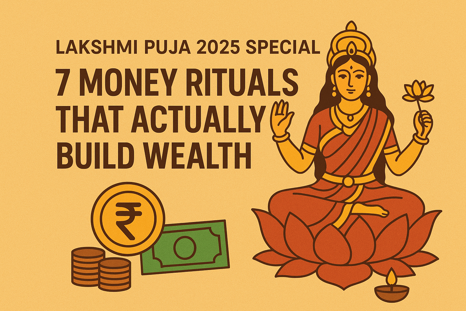 Digital illustration for “Lakshmi Puja 2025 Special: 7 Money Rituals That Actually Build Wealth.” It features Goddess Lakshmi seated on a lotus holding a lotus flower, surrounded by coins, currency notes, and a diya. The background is golden-yellow, symbolizing prosperity and wealth, with bold brown text for a festive and elegant look.