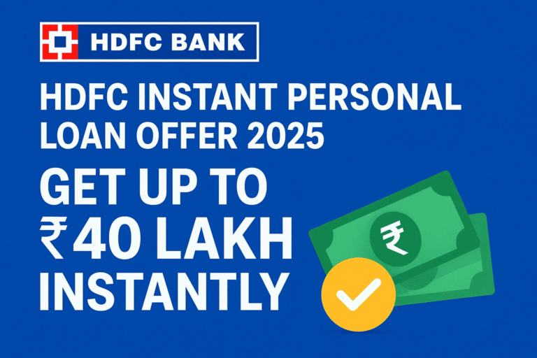 HDFC Bank Instant Personal Loan Offer 2025 promotional banner showing the HDFC Bank logo, bold white text stating “Get up to ₹40 Lakh Instantly,” and graphics of green currency notes with a yellow checkmark on a blue background.
