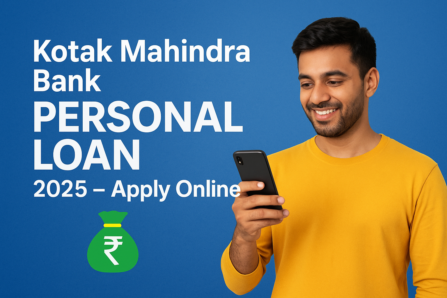 “Kotak Mahindra Bank Personal Loan 2025 – Apply Online” featuring a smiling young Indian man in a yellow T-shirt holding a smartphone, with white bold text and a green money bag icon on a blue gradient background.