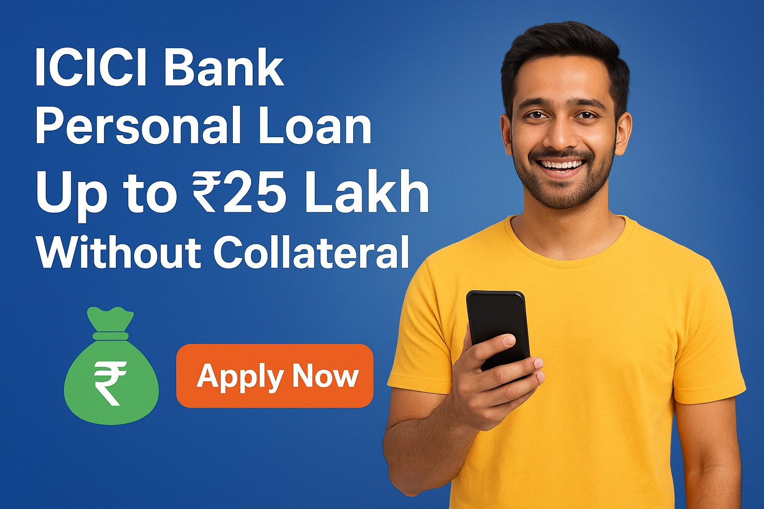 Promotional banner for “ICICI Bank Personal Loan Up to ₹25 Lakh Without Collateral,” featuring a smiling young Indian man in a yellow T-shirt holding a smartphone, with bold white text, a green money bag icon, and an orange “Apply Now” button on a blue background.