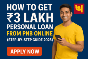 "How to Get ₹3 Lakh Personal Loan from PNB Online (Step-by-Step Guide 2025)” featuring a smiling young Indian man in a yellow T-shirt holding a smartphone, with bold white and yellow text, PNB logo, and an orange “Apply Now” button on a blue background.
