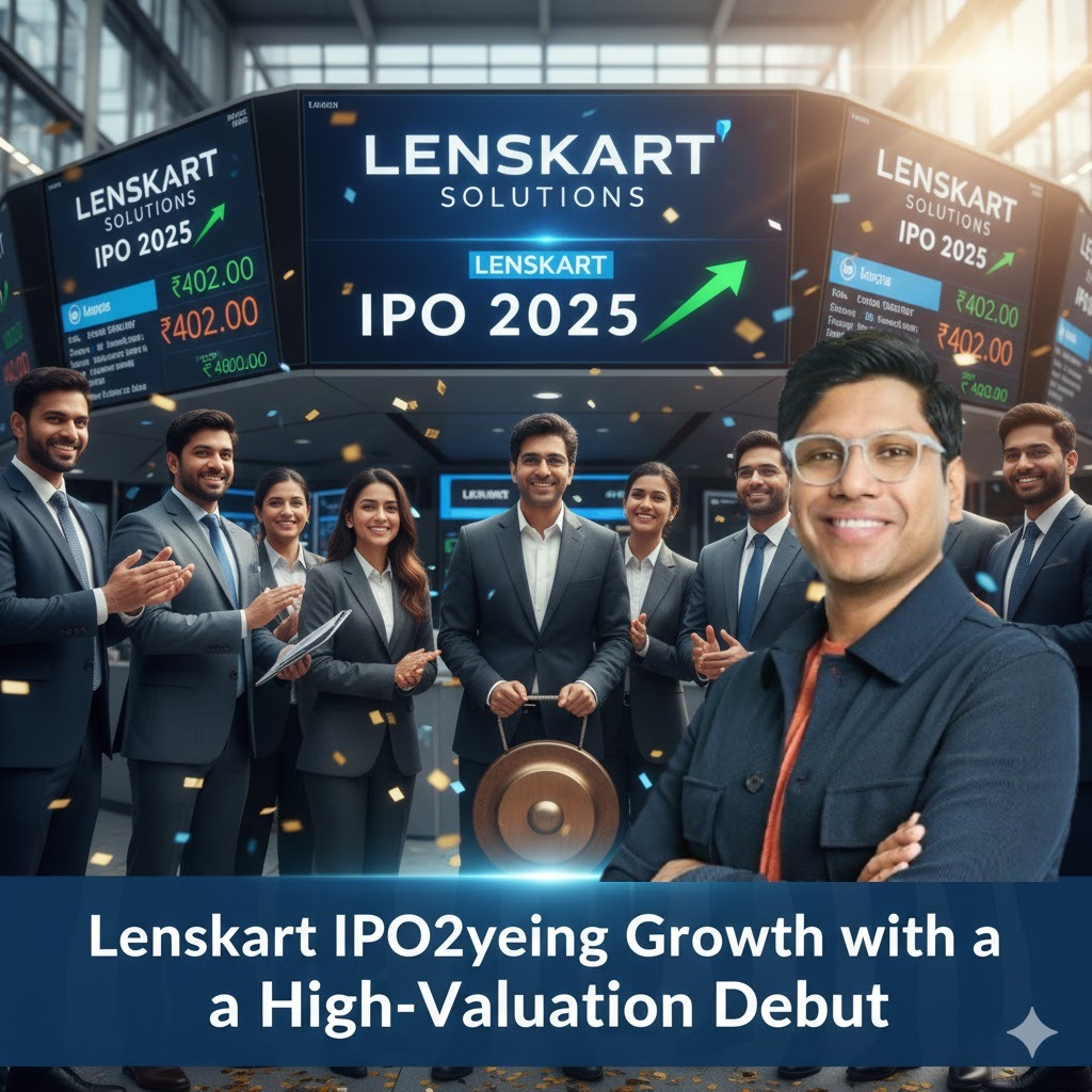 Piyush Bansal (CEO of Lenskart) smiling and holding a gong, surrounded by his team applauding, in front of a stock exchange display showing "Lenskart IPO 2025" and stock prices. Confetti falls around them, symbolizing celebration.